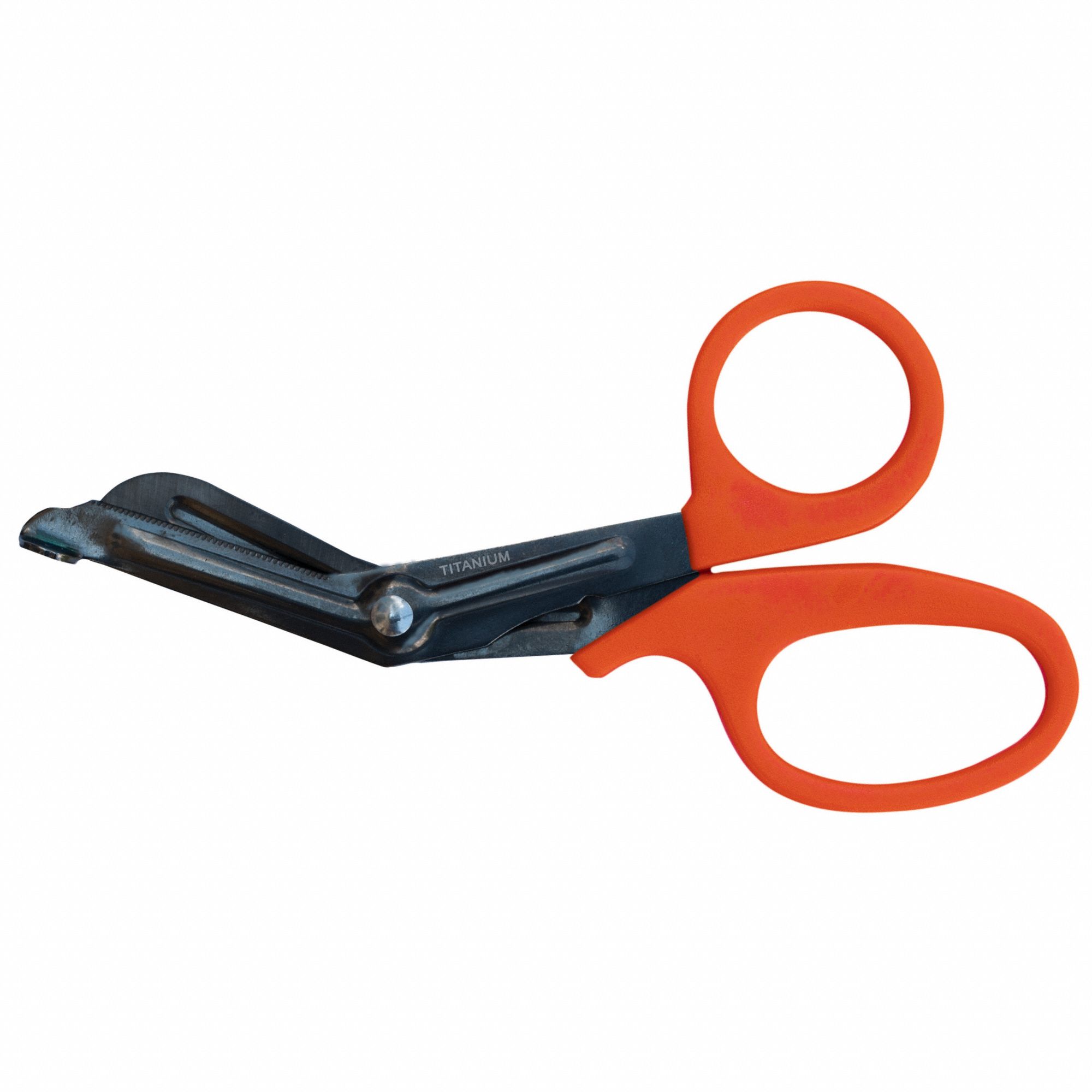 Shears: Shear, Titanium, Angled/Rounded, Plastic, 7 1/2 in Overall Lg, Reusable, Orange