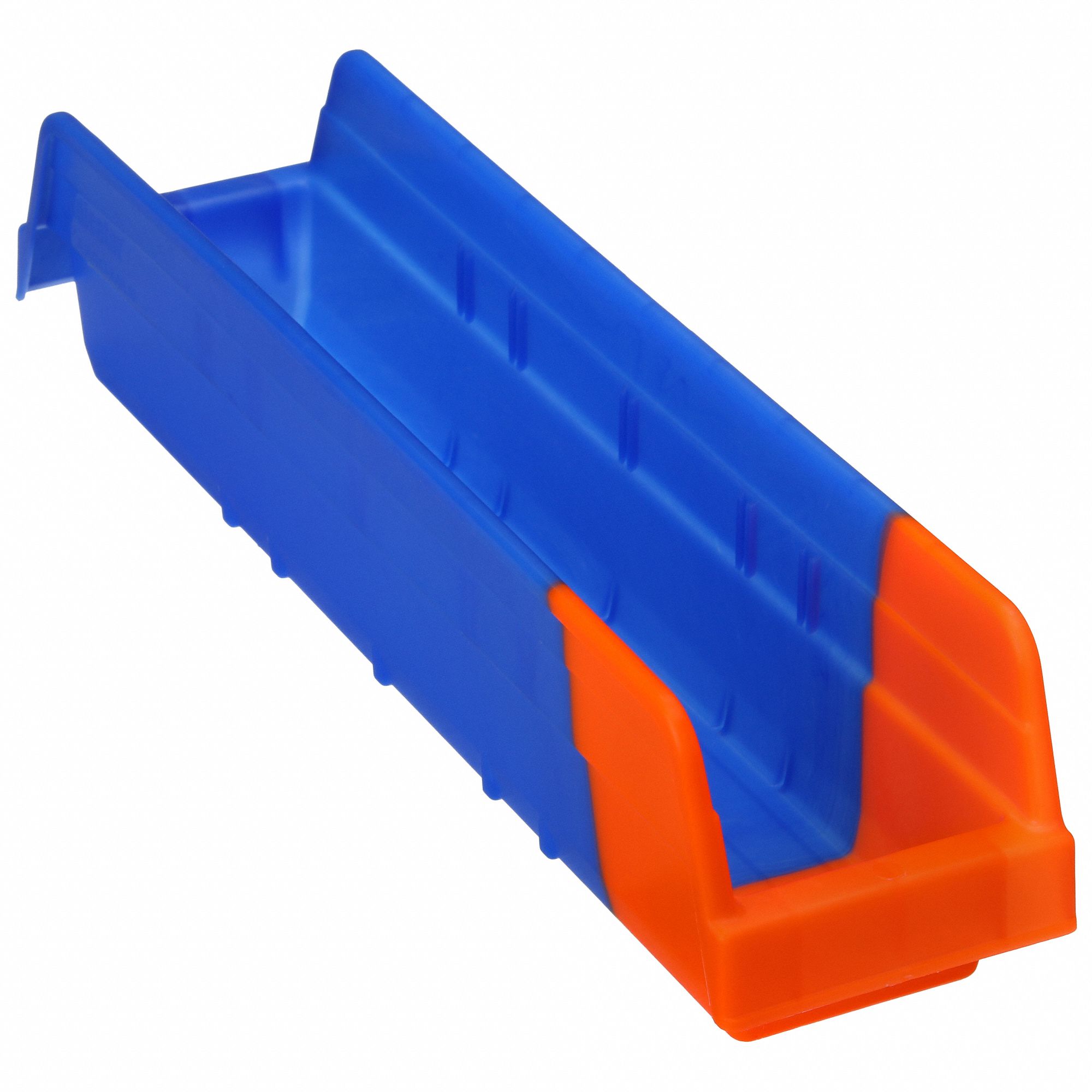 Shelf Bin: 17 7/8 in Overall Lg, 4 1/8 in x 4 in, Blue/Orange, Nesting Capable
