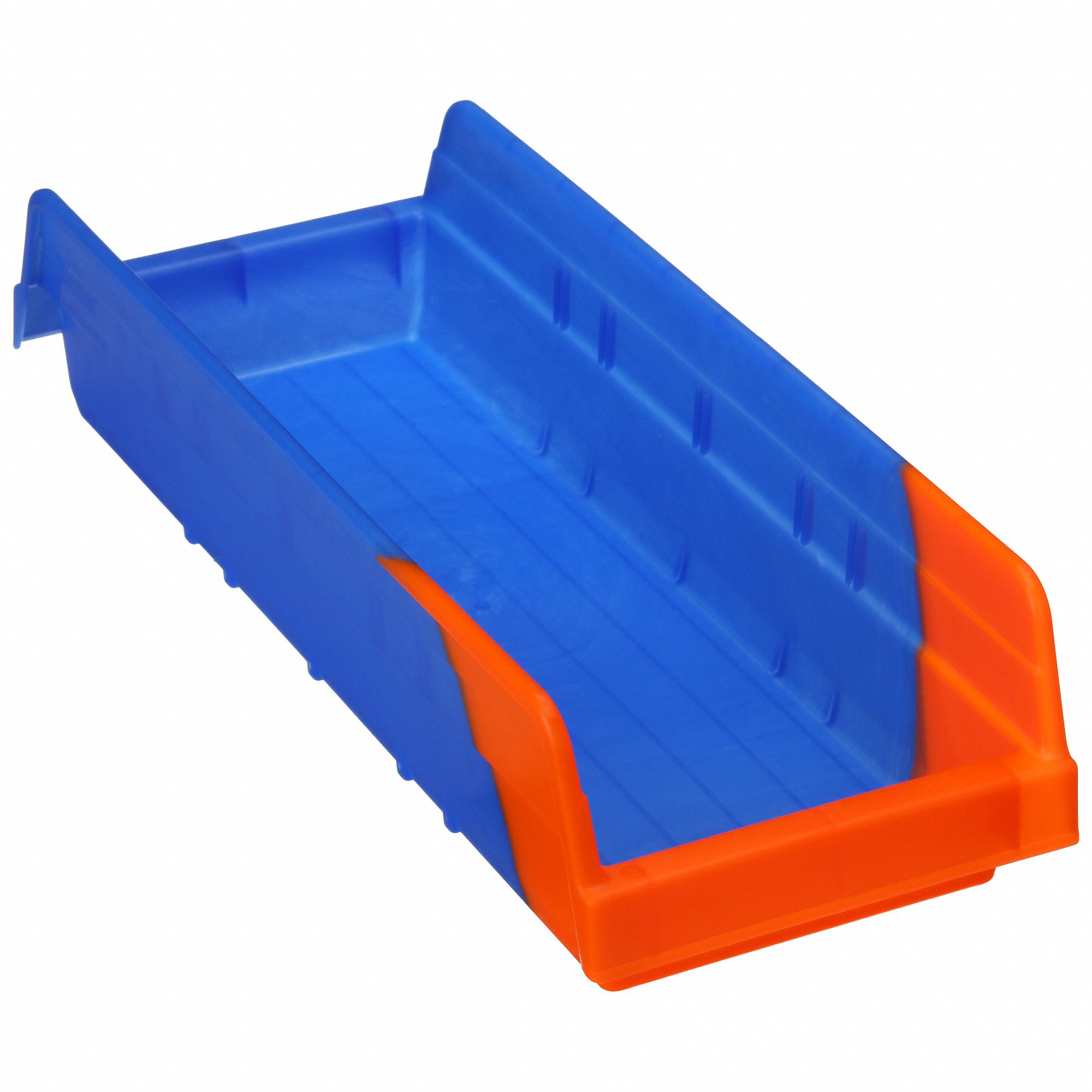 Shelf Bin: 17 7/8 in Overall Lg, 6 5/8 in x 4 in, Blue/Orange, Nesting Capable