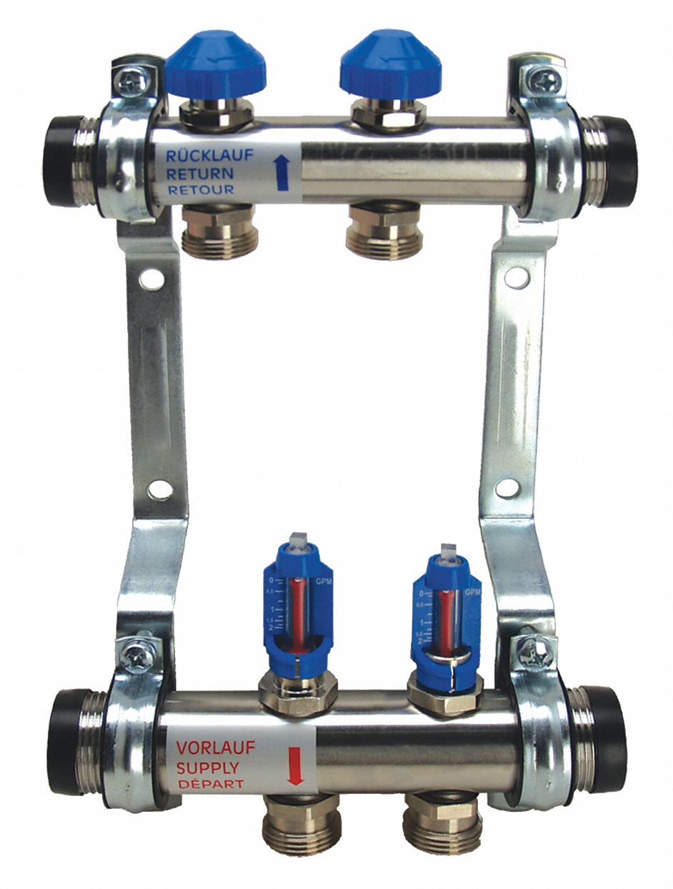 Flowmeter Manifold: 304 Stainless Steel, 2 Outlets, 1 in Male MBSP inlet, 1 in Male MBSP Outlet