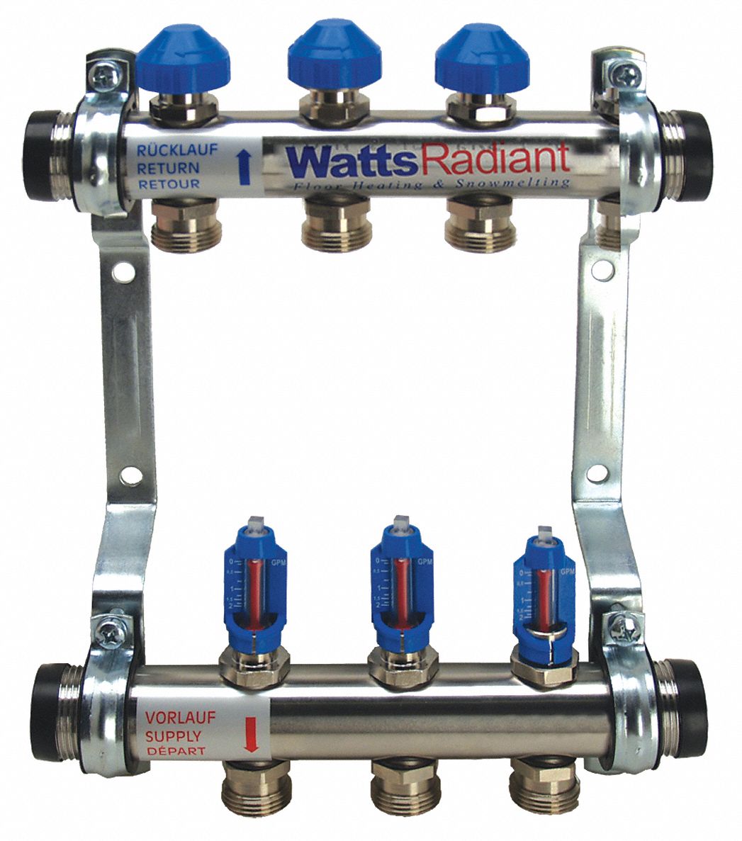 Flowmeter Manifold: 304 Stainless Steel, 3 Outlets, 1 in Male MBSP inlet, 1 in Male MBSP Outlet