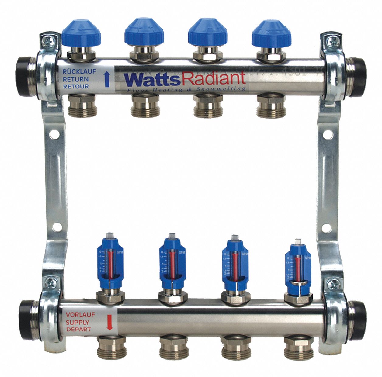 Flowmeter Manifold: 304 Stainless Steel, 4 Outlets, 1 in Male MBSP inlet, 1 in Male MBSP Outlet