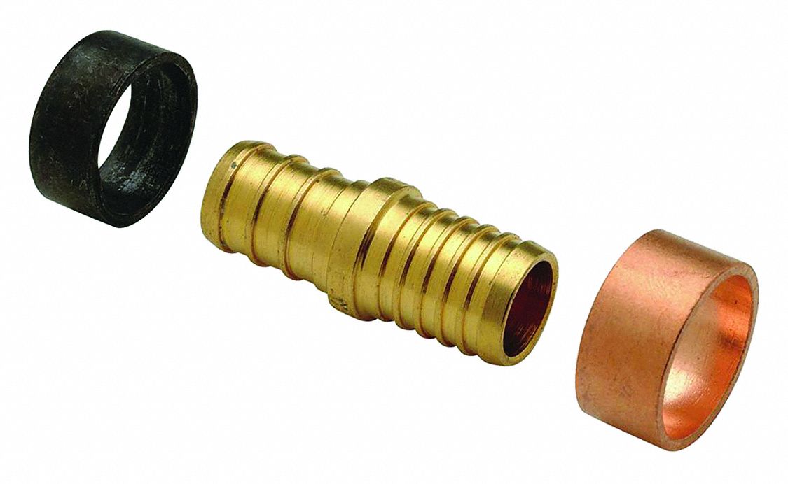 Barbed Fitting Coupling: 1/2 in ID x 1/2 in ID Size, Barbed x Barbed, Brass, Crimp