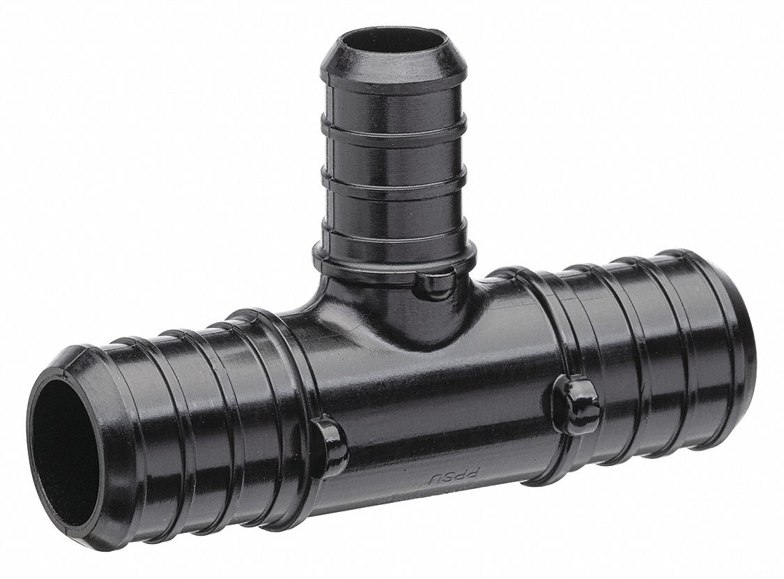 TEE: POLYMER, BARBED X BARBED X BARBED, FOR ¾ IN X ¾ IN X ½ IN TUBE ID, 2 13/32 IN L