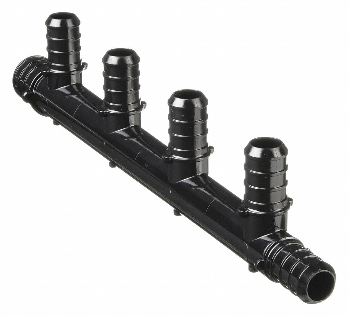 PEX MANIFOLD: POLYSULFONE , ¾ IN PEX CRIMP INLET, ½ IN PEX CRIMP OUTLETS, 5 OUTLETS