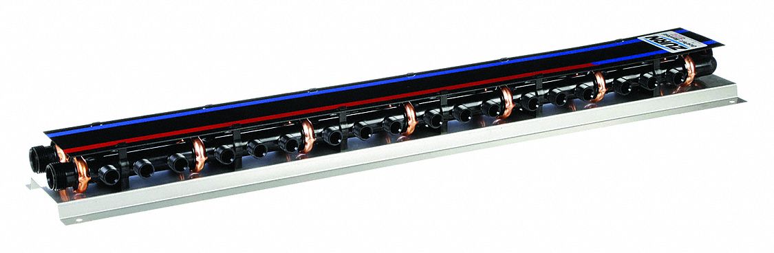 PEX Manifold: Stainless Steel, 1 in, 1/2 in, 3 Inlets, 36 Outlets, 100 psi Max Op Pressure