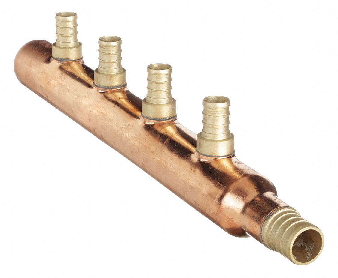 PEX MANIFOLD: COPPER, ¾ IN BARB INLET, ½ IN BARB OUTLETS, 4 OUTLETS, 1 INLETS