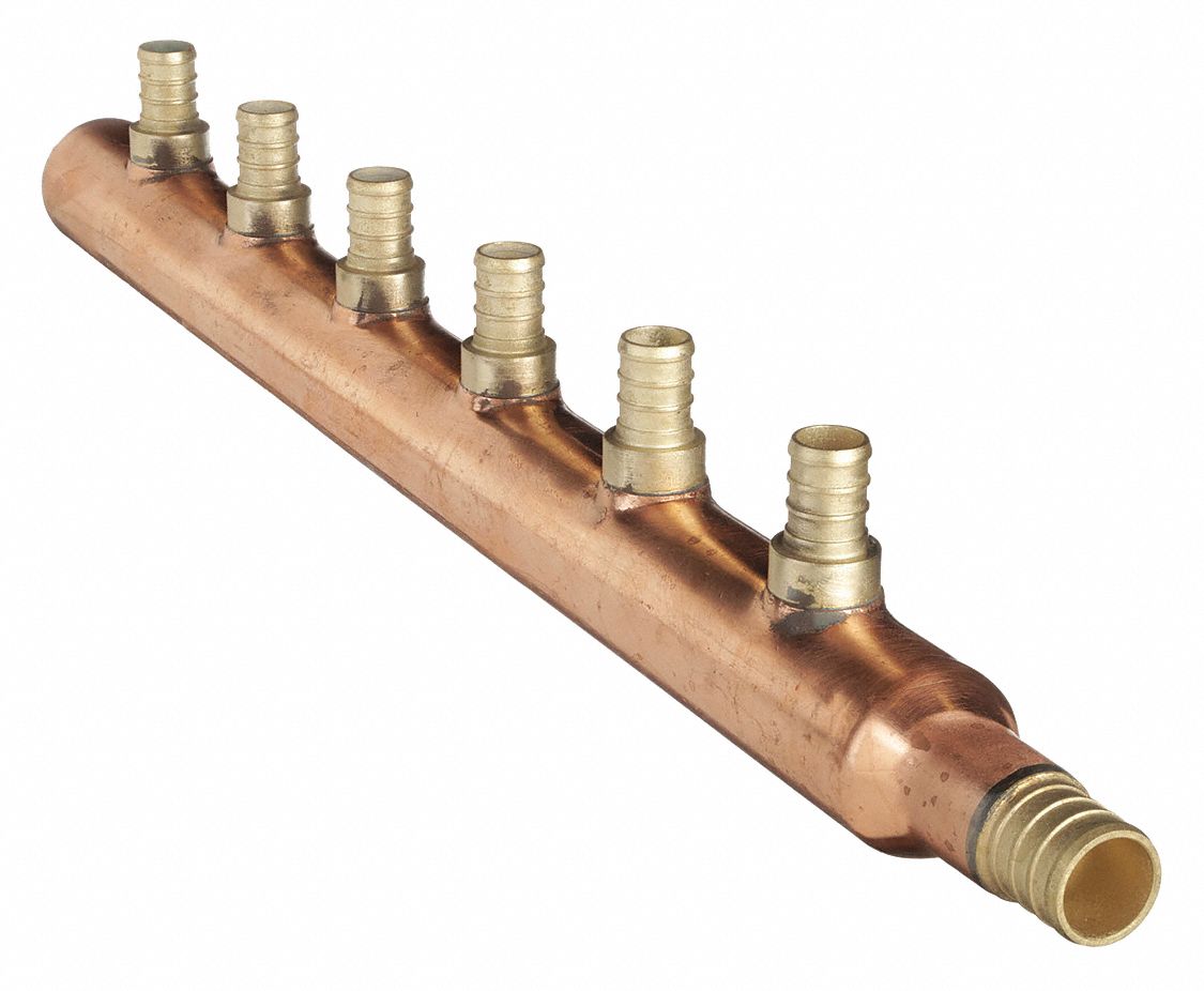 PEX MANIFOLD: COPPER, ¾ IN BARB INLET, ½ IN BARB OUTLETS, 6 OUTLETS, 1 INLETS