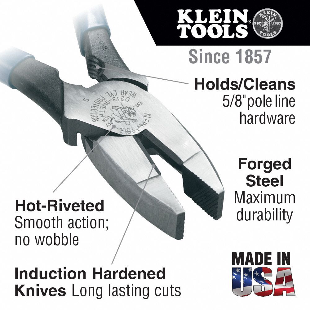 KLEIN TOOLS Linemans Pliers, Jaw Length 1 19/32 in, Jaw Width 1 1/4