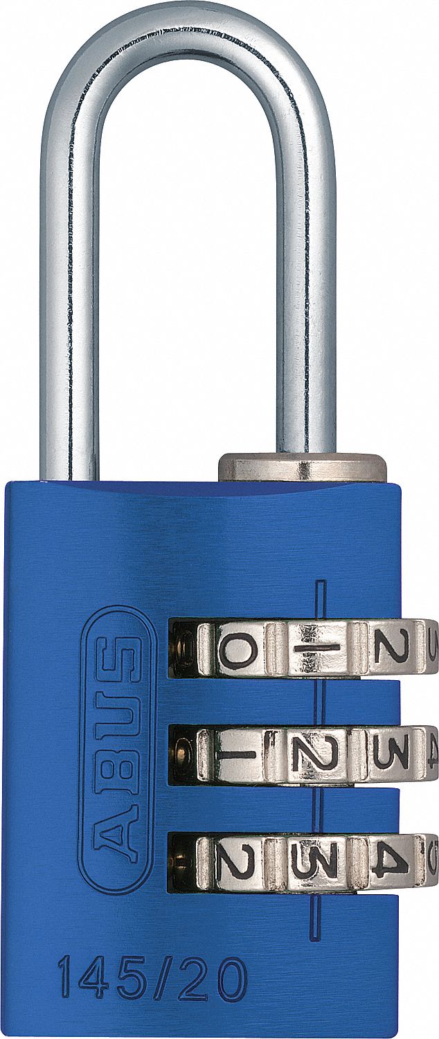 COMBINATION PADLOCK, RESETTABLE, 3-DIAL, BLUE, SHACKLE 23/64 X 7/8 IN, 9/64 IN DIA, ALUMINUM/STEEL