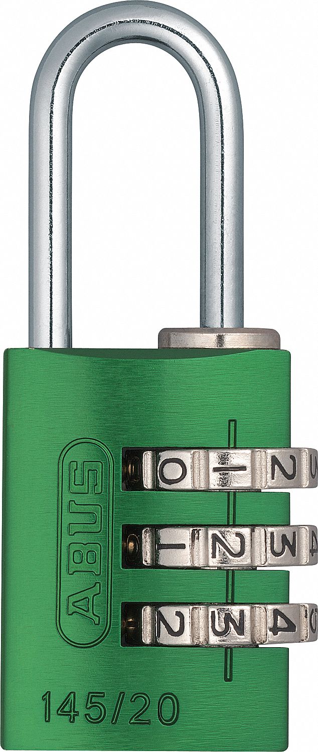 COMBINATION PADLOCK, RESETTABLE, 3-DIAL, GREEN, 3/4 IN WIDTH, ALUMINUM/STEEL