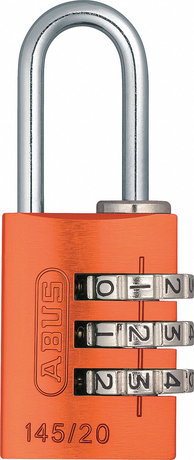 COMBINATION PADLOCK, RESETTABLE, 3-DIAL, ORANGE, 3/4 IN WIDTH, ALUMINUM/STEEL