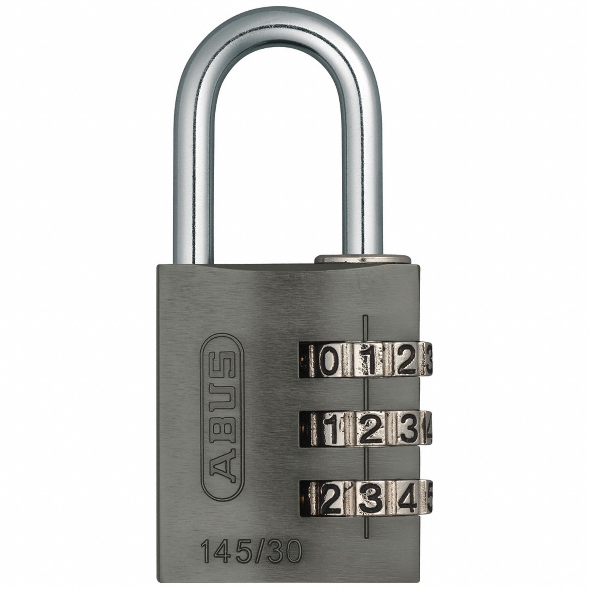 COMBINATION PADLOCK, RESETTABLE, 3-DIAL, GREY 31.5 X 15.5 MM, SHACKLE 13/64 IN DIA, ALUMINUM/STEEL