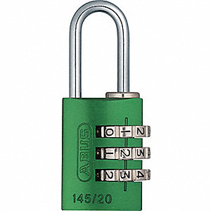 COMBINATION PADLOCK, RESETTABLE, 4-DIAL, GREEN, SHACKLE 7/8 IN, 15/64 IN DIA, ALUMINUM/STEEL