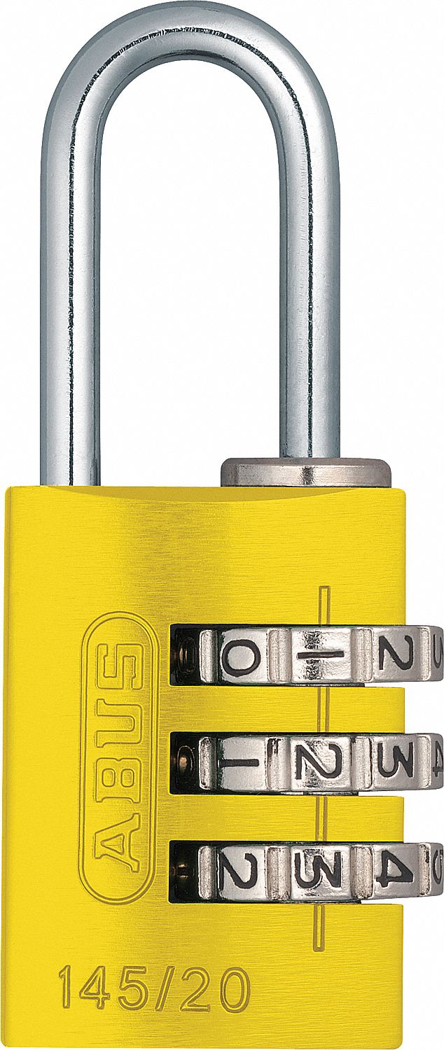 COMBINATION PADLOCK, RESETTABLE, 4-DIAL, YELLOW, SHACKLE 7/8 IN, 15/64 IN DIA, ALUMINUM/STEEL