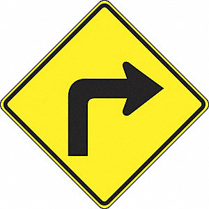 RIGHT TURN AHEAD SIGN, HIGH-INTENSITY/REFLECTIVE, BLACK/YELLOW, 24 X 24 IN, ALUMINUM