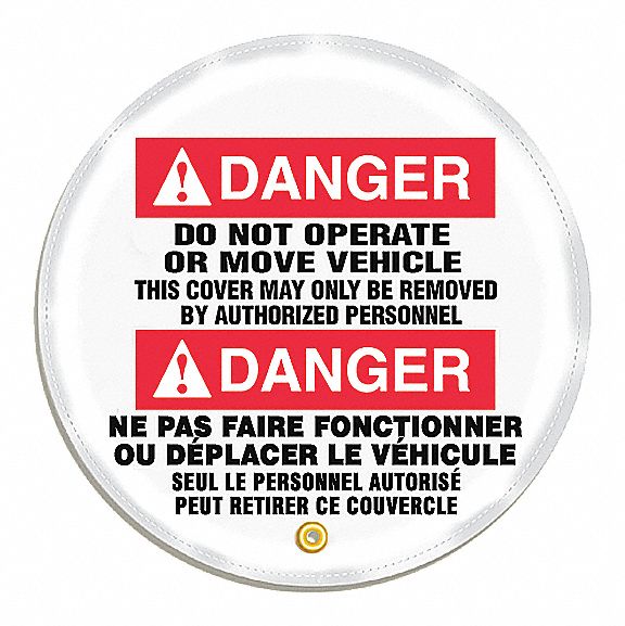 COUVRE-VOLANT AU MESSAGE DANGER NE PAS FAIRE FONCTIONNER, BILINGUE, BLANC, 24 PO