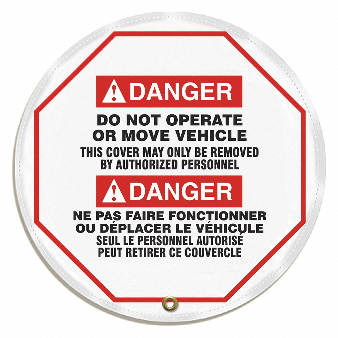 COUVRE-VOLANT AU MESSAGE DANGER NE PAS FAIRE FONCTIONNER, BILINGUE, BLANC, 16 PO