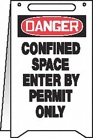 ENSEIGNE PLAN DANGER ESPACE CLOS PERMIS SEULEMENT, RABATTABLE, POIGNÉES, BLC, 20X12PO, PLAST HT RES
