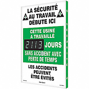 FRENCH SCOREBOARD, ON THE JOB SAFETY, AUTOMATIC, 4 DIGITS, 2 1/2 IN, FOR INDOOR USE ONLY
