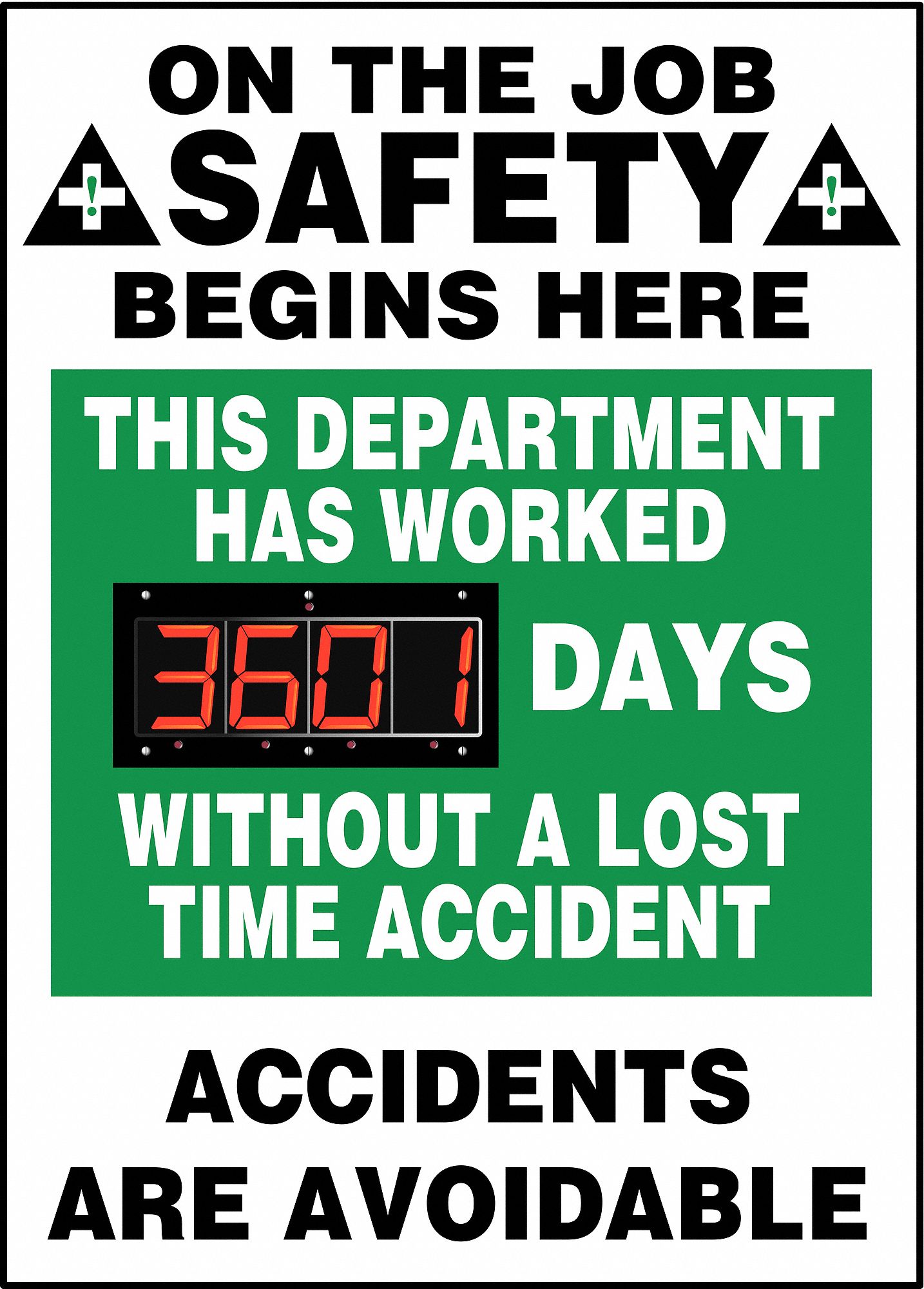 SAFETY SCOREBOARD, ON THE JOB SAFETY, AUTOMATIC, 4 DIGITS, 2 1/2 IN, FOR INDOOR USE ONLY