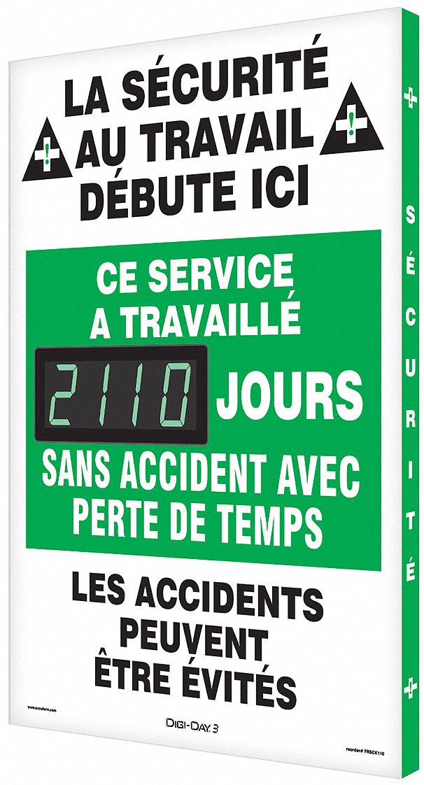 FRENCH SCOREBOARD, ON THE JOB SAFETY, AUTOMATIC, 4 DIGITS, 2 1/2 IN, FOR INDOOR USE ONLY