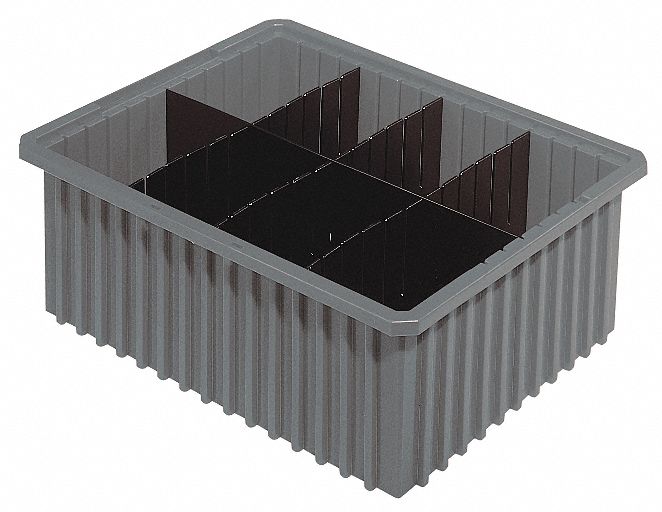 DIVIDER BOX, 1.3 CU FT, 22⅜ IN X 17⅜ IN X 8 IN, GREY, PLASTIC, 11 LONG DIVIDER SLOTS