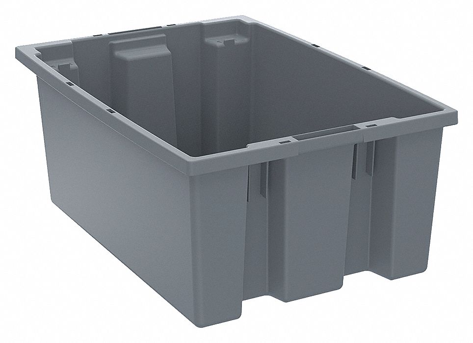 STACK AND NEST CONTAINER, 6.1 GAL, 19½ IN X 13½ IN X 8 IN, GREY, 275 LB STACK CAPACITY
