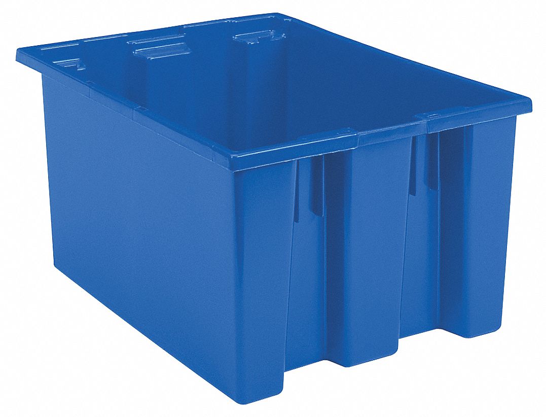 STACK AND NEST CONTAINER, 19.4 GAL, 23½ IN X 19½ IN X 13 IN, BLUE, 450 LB STACK CAPACITY