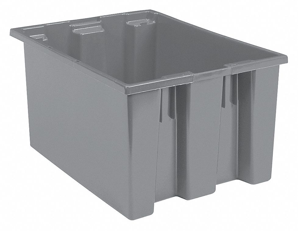STACK AND NEST CONTAINER, 19.4 GAL, 23½ IN X 19½ IN X 13 IN, GREY, 450 LB STACK CAPACITY