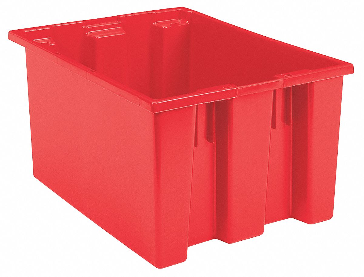 STACK AND NEST CONTAINER, 19.4 GAL, 23½ IN X 19½ IN X 13 IN, RED, 450 LB STACK CAPACITY