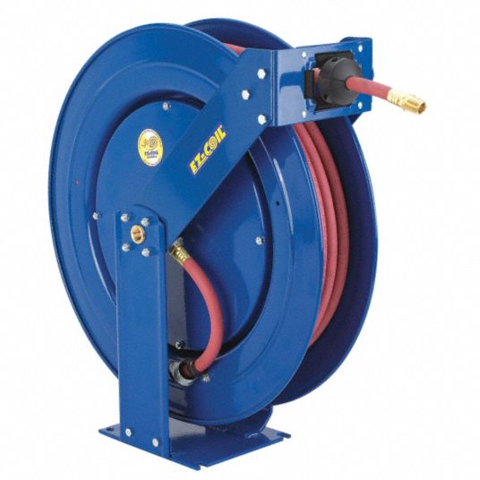 Spring Return Hose Reel: 50 ft (3/4 in I.D.), 3/4 in MNPT, 300 psi Max Op  Pressure, Brass, Blue, Red