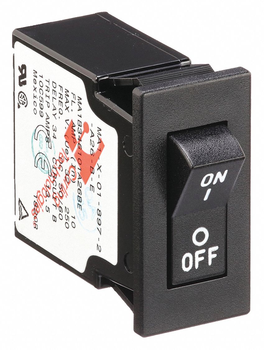 Panel Mount Circuit Breaker: 5 A Amps, 250V AC, 32V DC, Snap-In, 1.9 in Dp, 1/4 in Tab