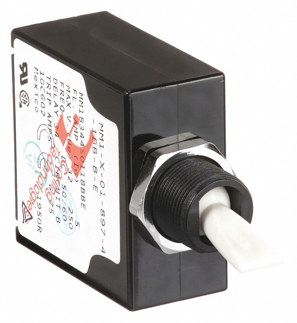 Panel Mount Circuit Breaker: 5 A Amps, 250V AC, 80V DC, Snap-In, 1.77 in Dp, 1/4 in Tab
