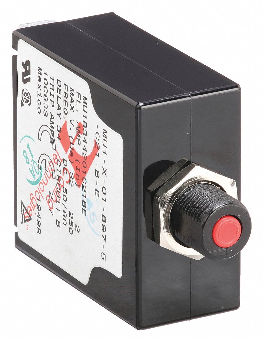 Panel Mount Circuit Breaker: 2 A Amps, 250V AC, 32V DC, Snap-In, 1.85 in Dp, 1/4 in Tab