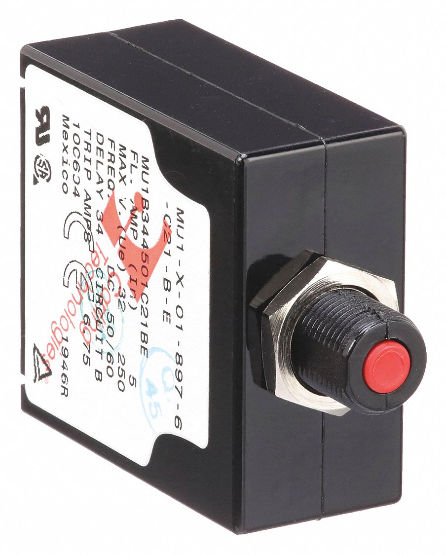 Panel Mount Circuit Breaker: 5 A Amps, 250V AC, 80V DC, Snap-In, 1.85 in Dp, 1/4 in Tab