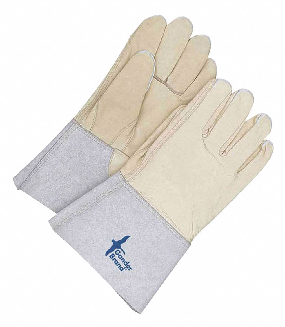 LEATHER GLOVE, WING THUMB, 5 IN GAUNTLET CUFF, SIZE S/9, BEIGE/GREY