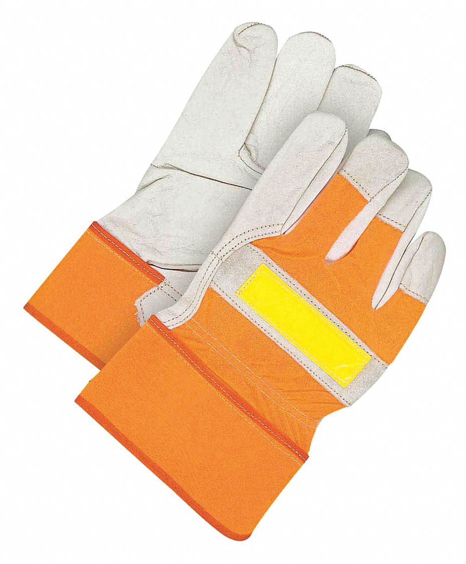 LEATHER GLOVES, L (9), PREMIUM COWHIDE, FULL FINGER, SAFETY CUFF, COTTON, HI-VIS