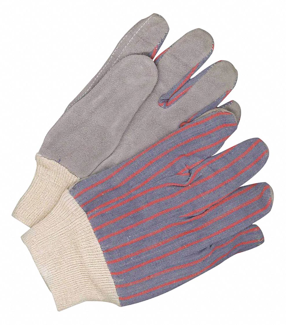 GLOVE, STRAIGHT THUMB, KNIT WRIST, ABRASION RESIST, RED/BLUE, LEATHER/COTTON CANVAS, PR