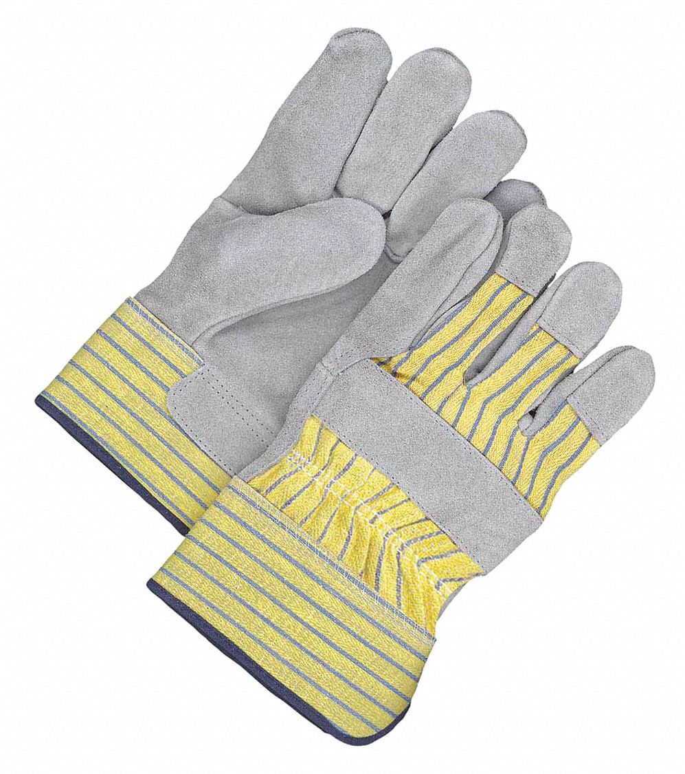 FITTERS GLOVES, GUNN CUT, WING THUMB, ELASTIC WRIST, SZ X-LARGE /10, GREY/YELLOW, LEATHER/COTTON