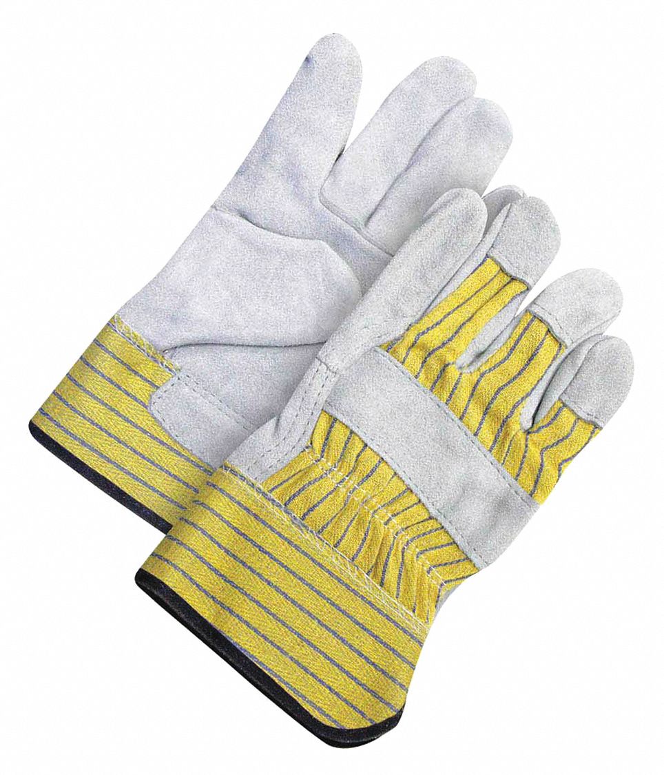 LADIES GLOVES, GUNN, WING THUMB, ELASTIC WRIST, CUFF, SZ S/7, BLUE/GREY/YELLOW, LEATHER/COTTON