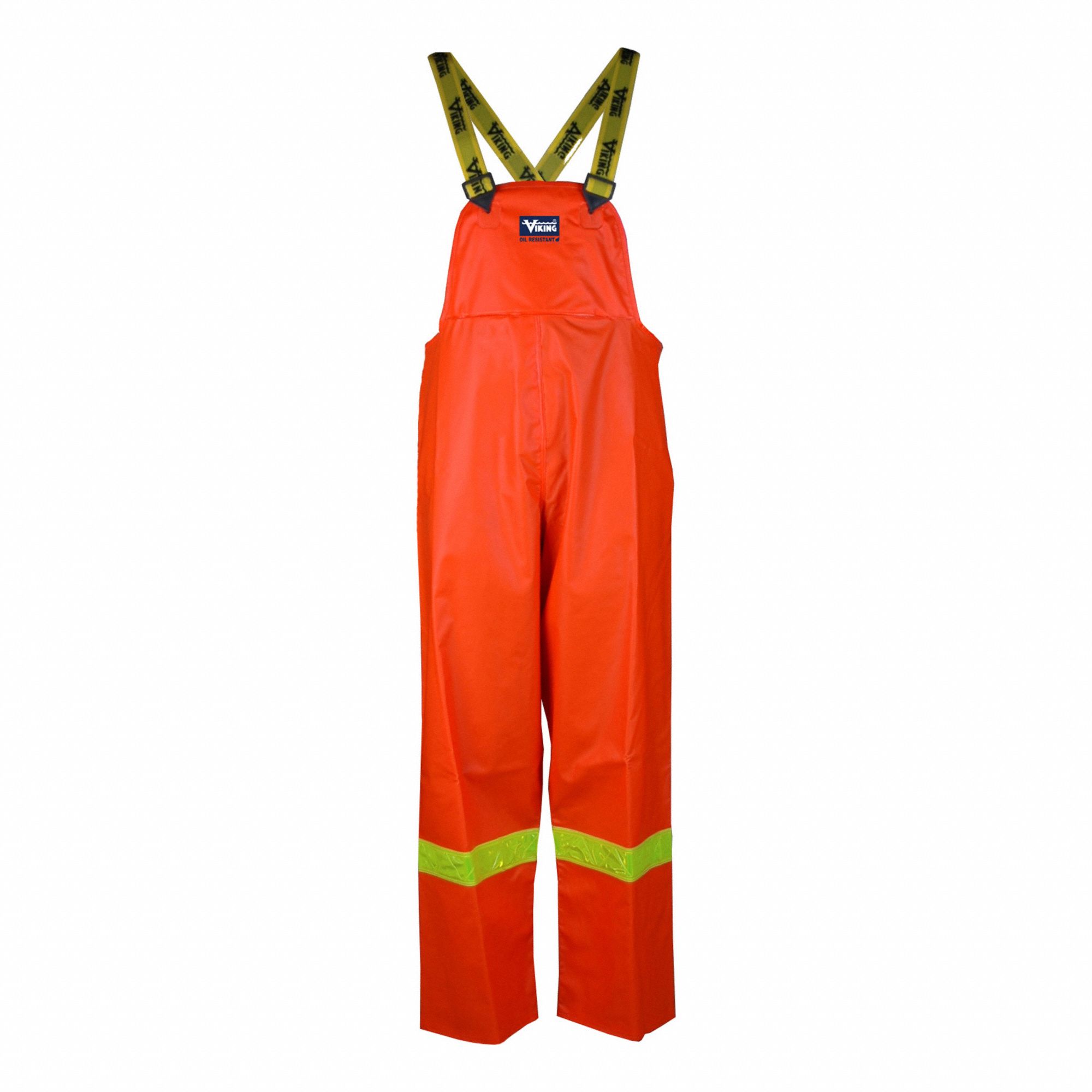 RAIN BIB PANTS, MEN'S, WATERPROOF/OIL-RESIST, SZ 2XL, ORNG/YLW, FABRIC 0.45 MM THICK, POLY/PVC