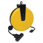 RETRACTABLE CORD REEL W/CIRCUIT BREAKER, 125V, 10A, BLK CORD, YELLOW STEEL BODY, CIELING/WALL MOUNT.