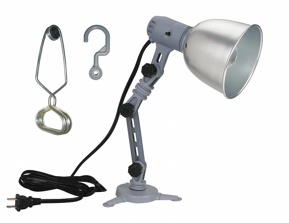 WORK LIGHT, 4-IN-1, CETL, 125V/60W, BASE/CLIP/HOOK MOUNT, SILVER, ARM 10 IN L, CORD 6 FT L, AL