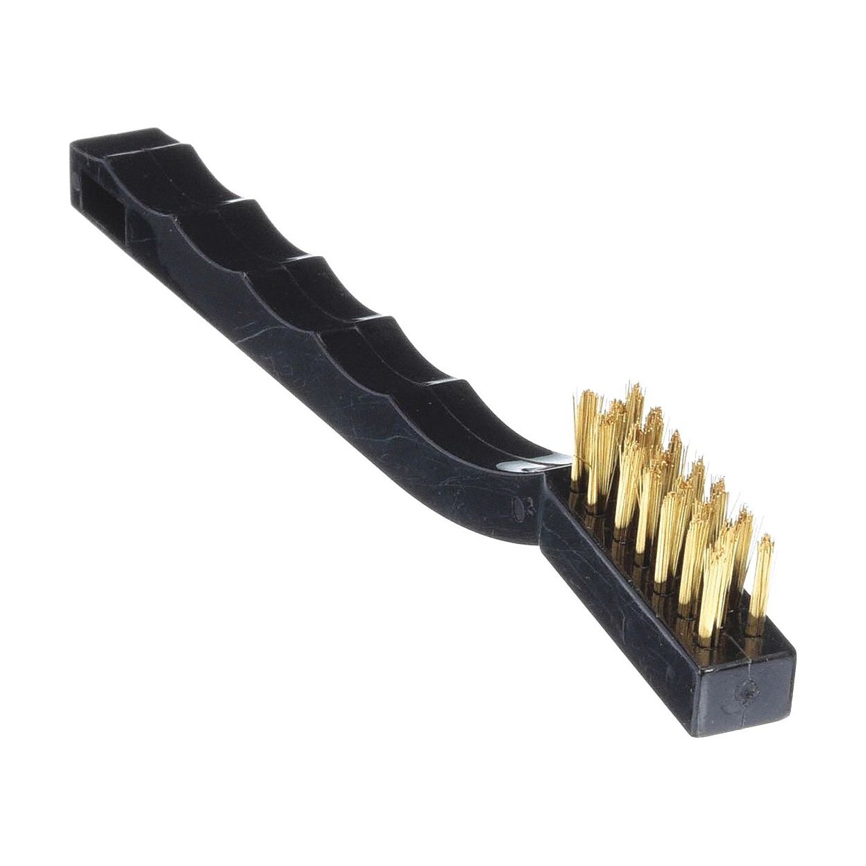 Scratch Brush: Curved Handle, Brass, Plastic, 1 1/2 in Brush Lg, 5 3/4 in Handle Lg