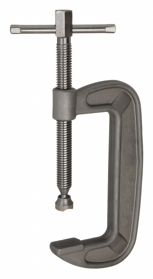 C-Clamp: Extra Heavy Duty, Flat, Swivel, Sliding T Handle, 0 in – 6 1/4 in Jaw Opening