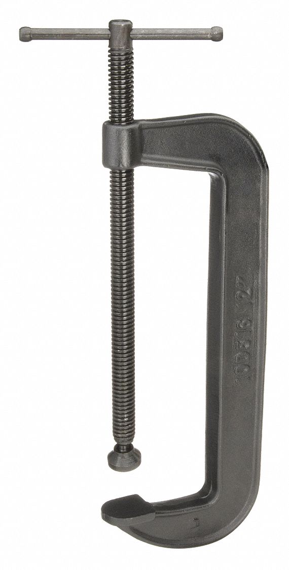 C-Clamp: Heavy Duty, Flat, Swivel, Sliding T Handle, 0 in – 12 in Jaw Opening, Black Oxide