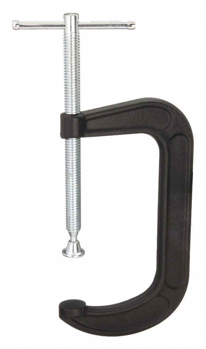C-Clamp: Medium Duty, Flat, Swivel, Sliding T Handle, 0 in – 6 in Jaw Opening, Galvanized