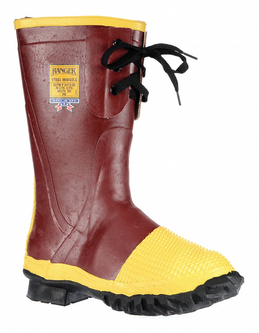 RANGER BY HONEYWELL Rubber Boot, Men's, 6, Knee, Steel Toe Type, Rubber, Steel, Red, Yellow, 1