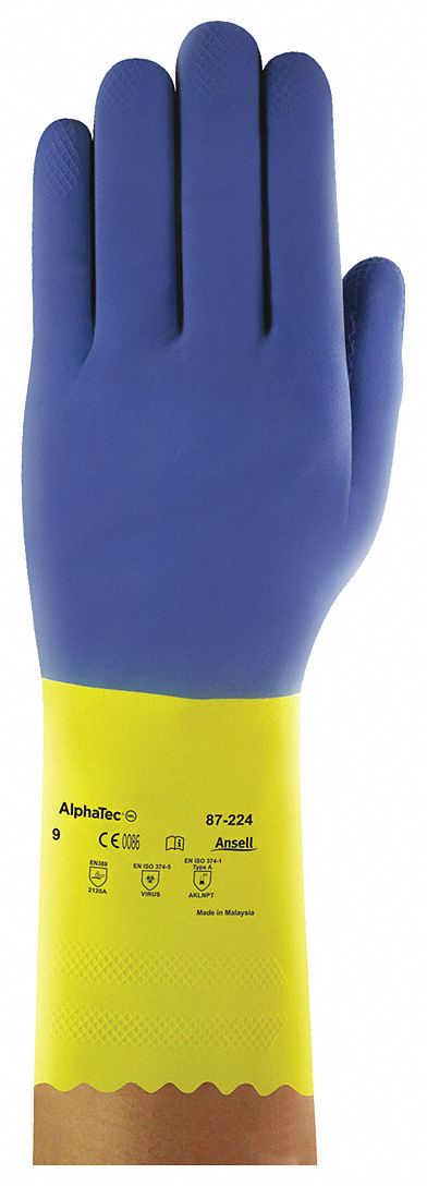 CHEMICAL-RESISTANT GLOVES, PINKED CUFF, 13 IN, BL/YLW, M, NATURAL RUBBER/NEOPRENE